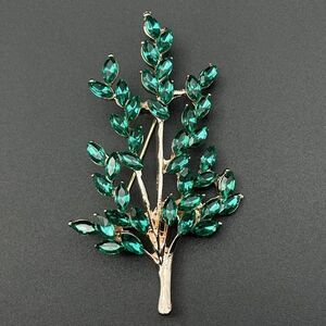 Rose Gold with Emerald Green Crystal Tree Branch with Leaves Pin Back Brooch